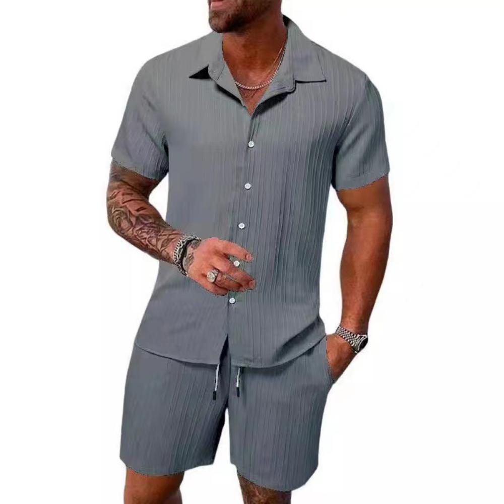 Summer Men's Solid Color Comfortable Casual Shirt Short Sleeved Beach Pants Set