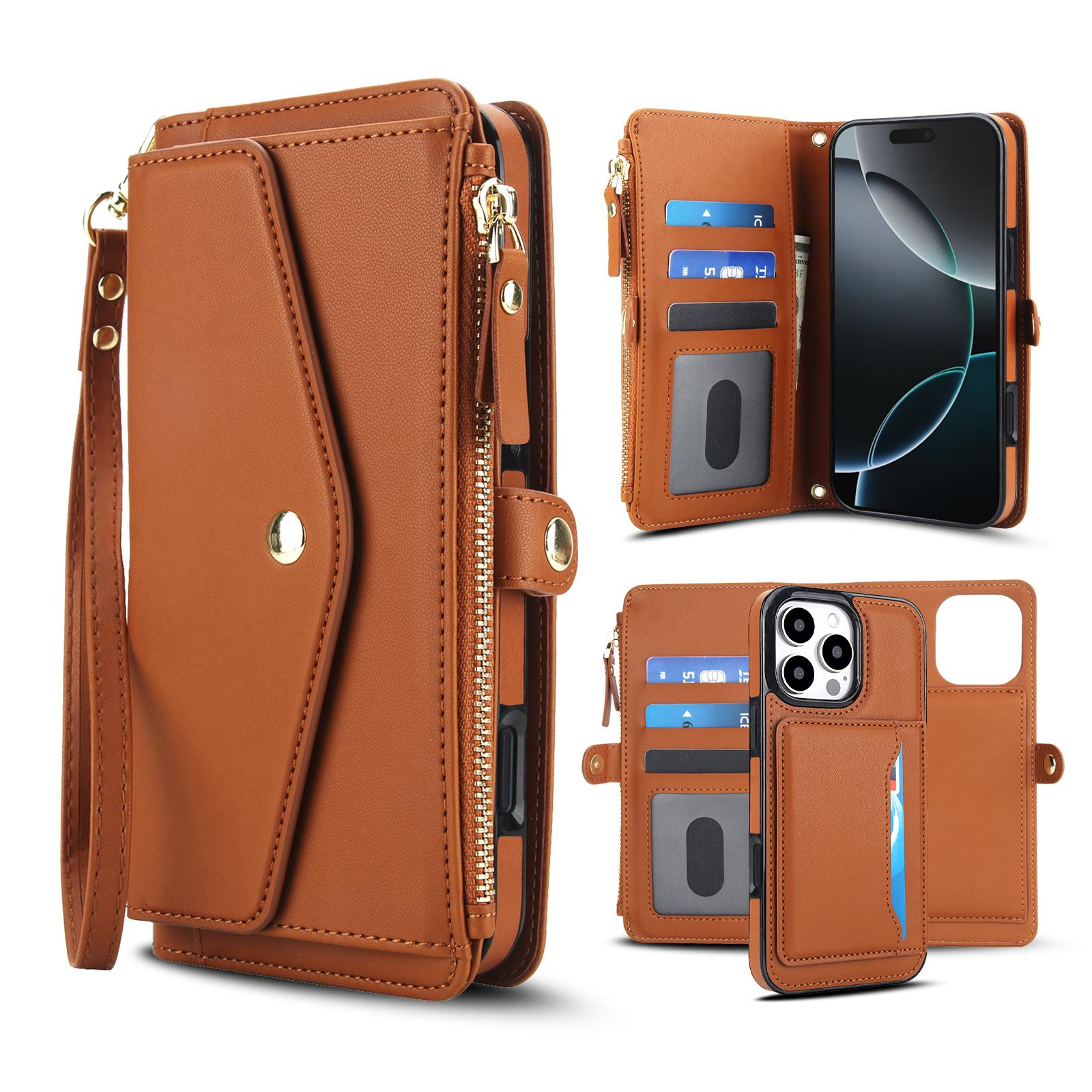 

For iPhone 16 Pro Max Wallet Case Magnetic Detachable PU Leather Phone Cover with 2 Straps Brown