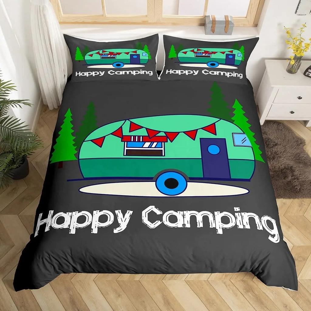 Hapy Camping Soft Duvet Cover Rustic Farmhouse Camper RV Beding Set King Stary Night Warm Comforter Cover Adventure Theme Comfortable Quilt Cover