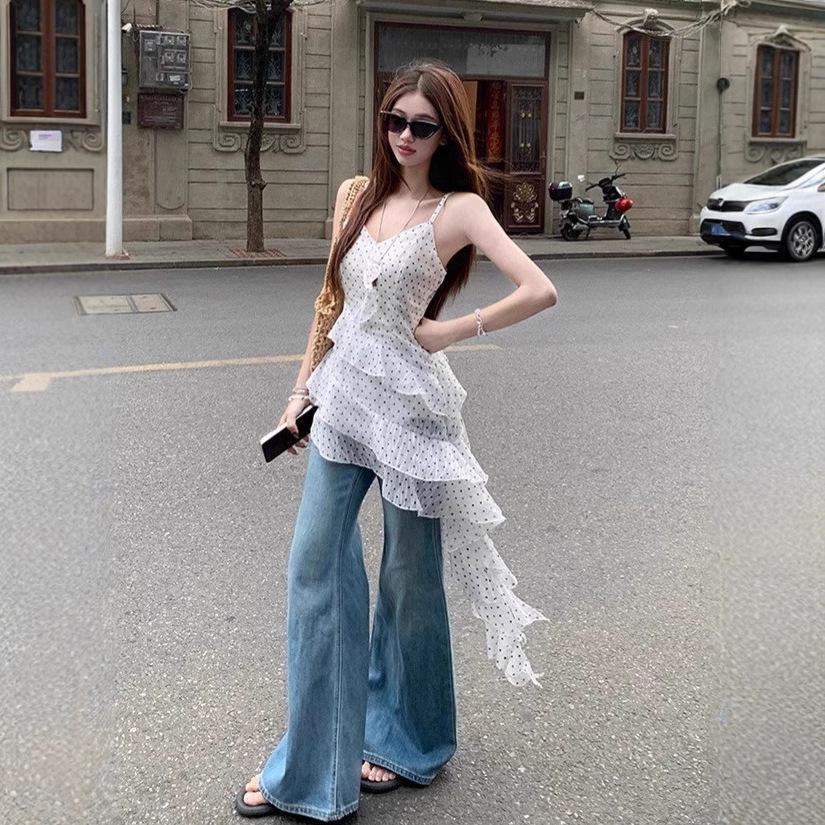 Korean Polka Dot Ruffle Leaf Edge Suspender Dress Women's Early Spring New Seaside Vacation Style Irregular Skirt Tide
