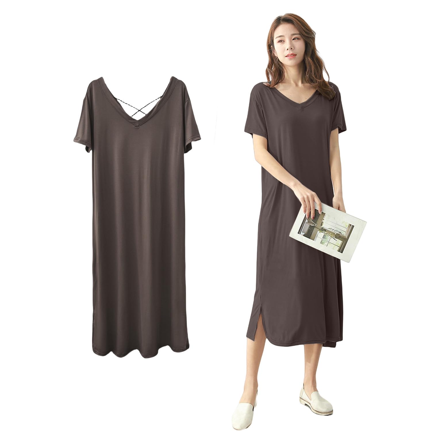 

Ночная короткая комнатная одежда свободного кроя [YunXiozy Star] Женская домашняя одежда, одежда для отдыха, пижама, цельная, однотонная, летняя, ночная сорочка, бюстгальтер, закрывающая тело, ночная одежда, кофейный