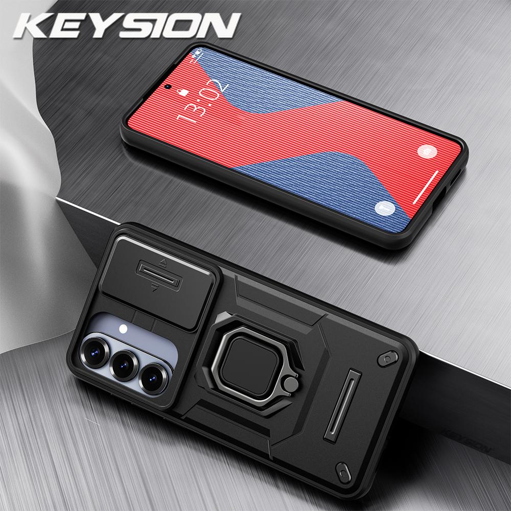 KEYSION Shockproof Armor Case for Samsung S26 Ultra 5G Slide Camera Lens Protection Ring Stand Phone Cover for Galaxy S26+ Plus