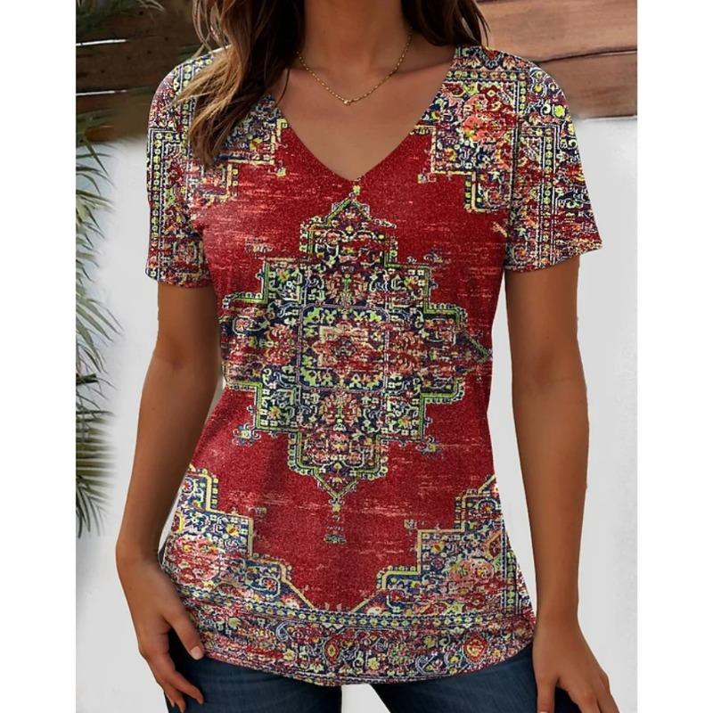 Summer V-neck 3D Retro Printed Top Fashionable Casual Short Sleeved Women's T-shirts