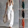 Sommer Damen Jumpsuit V-Ausschnitt Ärmellos Knopfleiste Vorne Lässig Locker Weites Bein Hosen Damen Langer Romper Overall mit Dual
