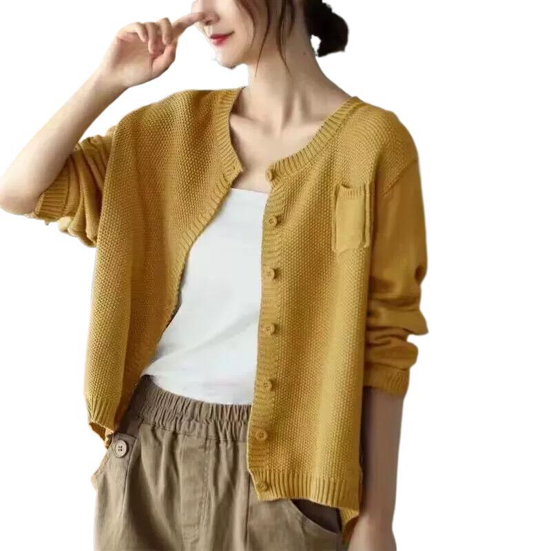 2025 Spring Women's Retro Knit Cardigan - Loose, Long Sleeve, Round Neck, Single-Breasted