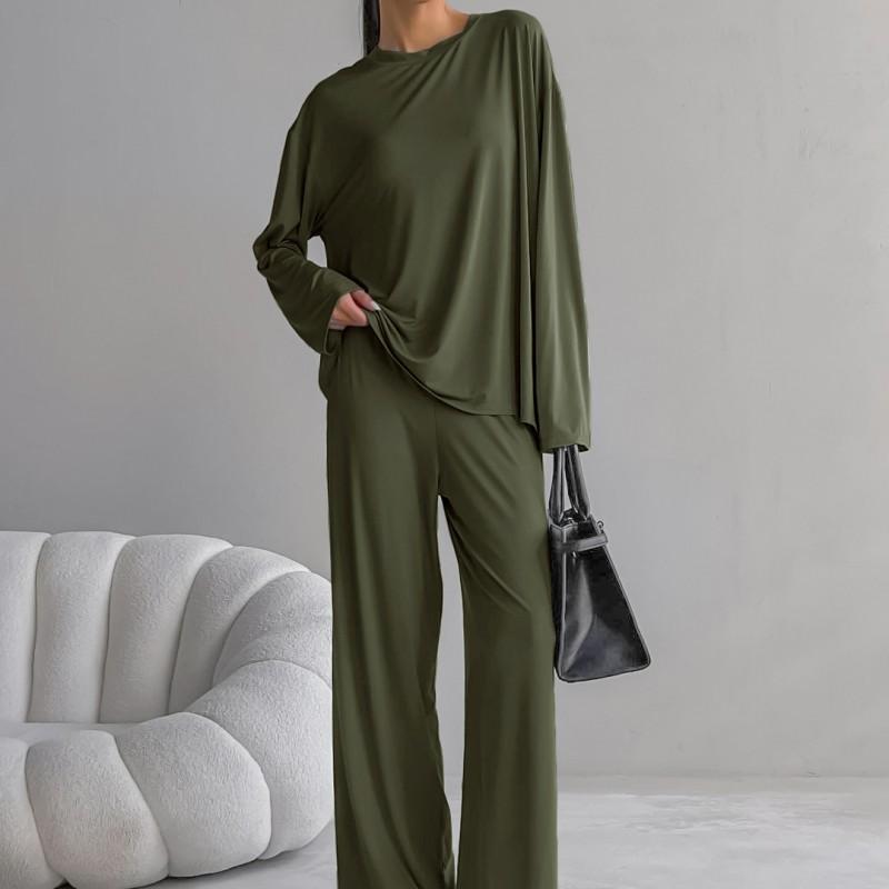 2026 Fall Winter Knit Loungewear Set Soft Modal-like Long Sleeve Top Pants Young Women