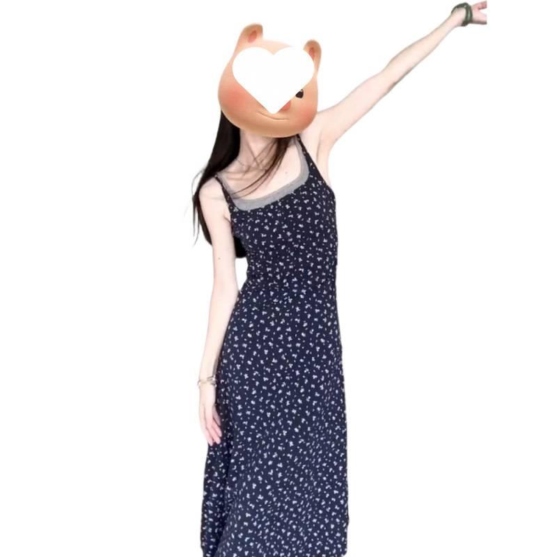 Fake two-piece contrasting floral suspender skirt women's summer design sense slim A-shaped skirt big swing dress