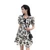 Womens Elegant Dress for Women In Summer Latest Vintage Style French V-neck Floral Waist-hugging Short-sleeved Skirt
