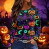 Women's Fashion Long Sleeve Neck Top with Slit Hem Halloween Print for Fall Party Occasion Wear