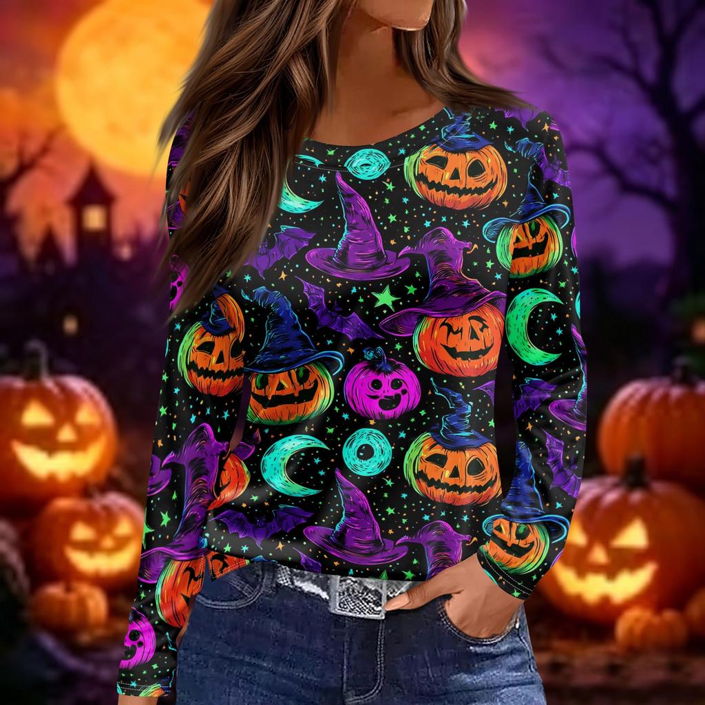 Women's Fashion Long Sleeve Neck Top with Slit Hem Halloween Print for Fall Party Occasion Wear