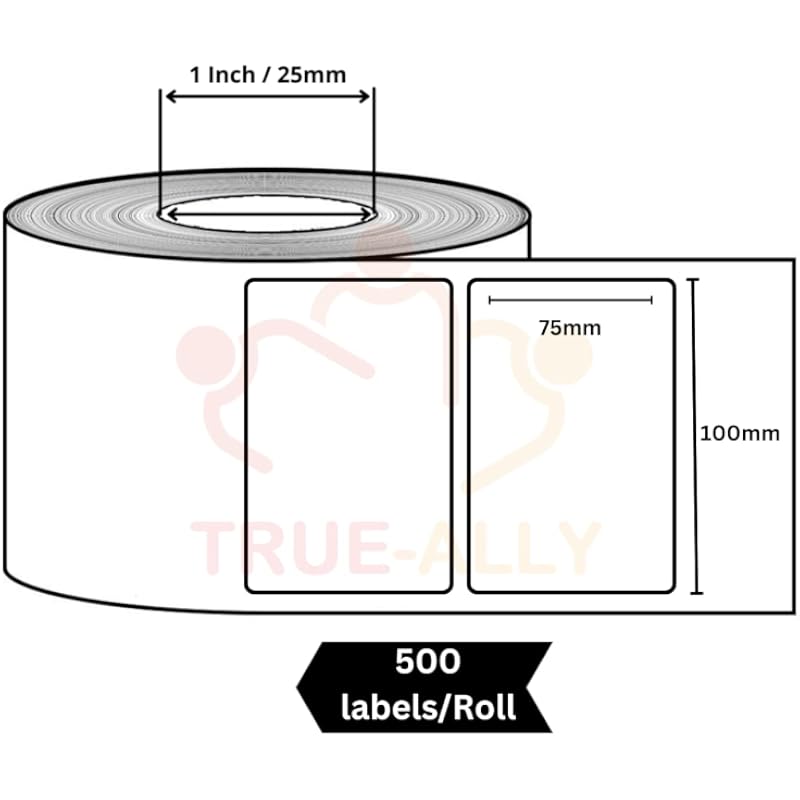 True-Ally 100X75 Direct Thermal (Dt) Barcode Label Sticker - 4 X 3 Inches - 100Mm X 75Mm - 500 Labels Per Roll - White S
