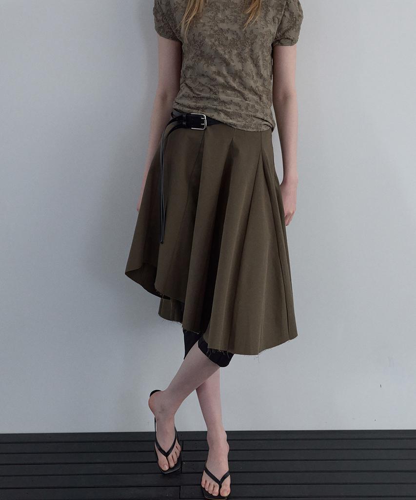 Unessin Asymmetric Cutting Midi Skirt_Khaki