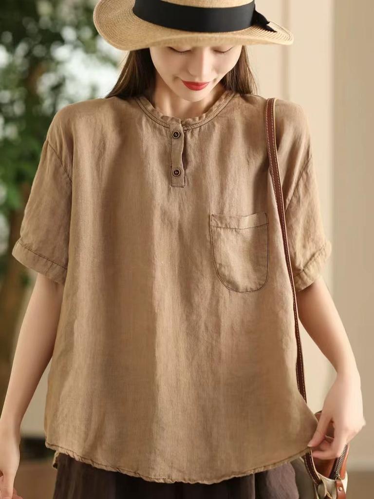 Johnature Women Vintage Patchwork Pockets T-Shirts O-Neck Short Sleeve Solid Color Summer Loose Casual T-Shirts