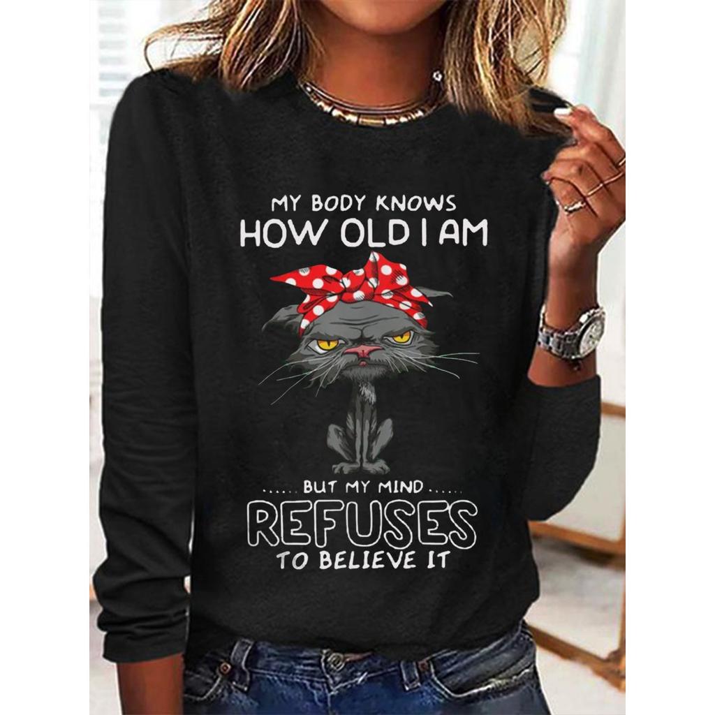 Okrągły dekolt 3D nadruk zabawny kot wzór top modny casual długi rękaw damskie koszulki