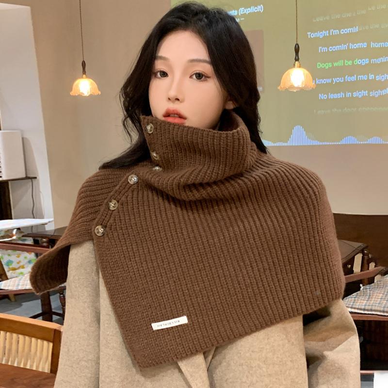 Button Scarf Women Autumn Winter Korean Style All-Match Warm Neck Cover Outer Wear Split Knitted Scarf