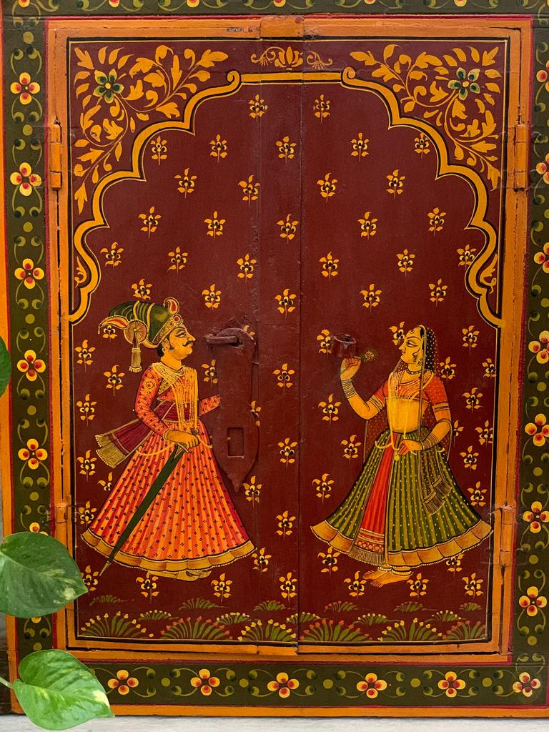 Handmade Antique Jharokha Window: Royal Couple Painting, Indian Festival Decor