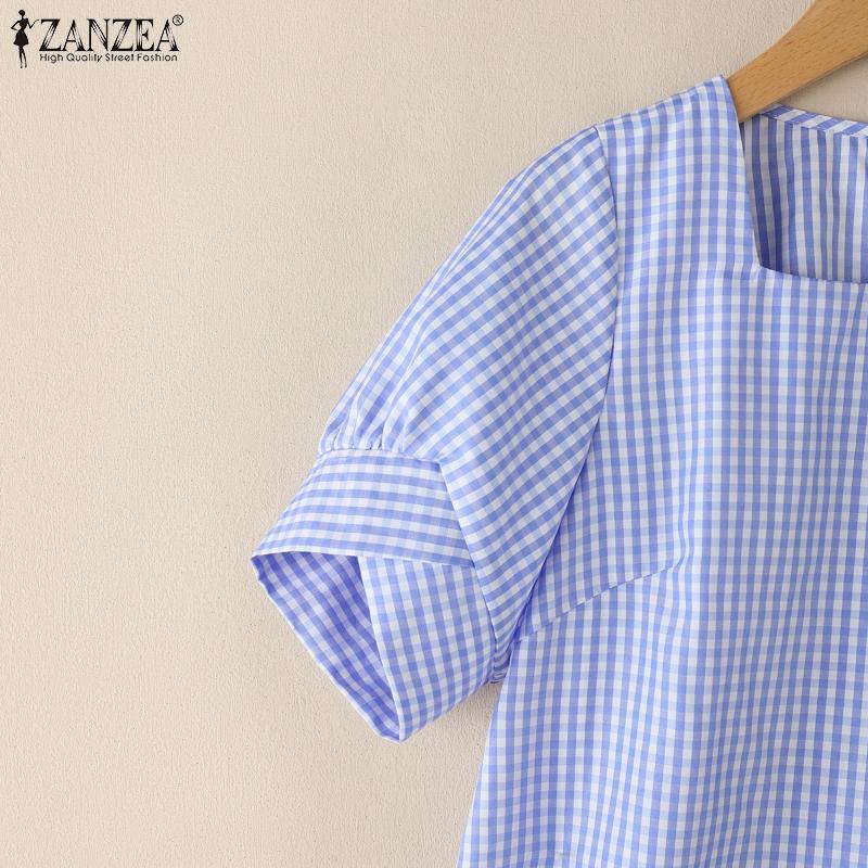 ZANZEA Women Square Collar Short Sleeve Casual Grid Print Blouse