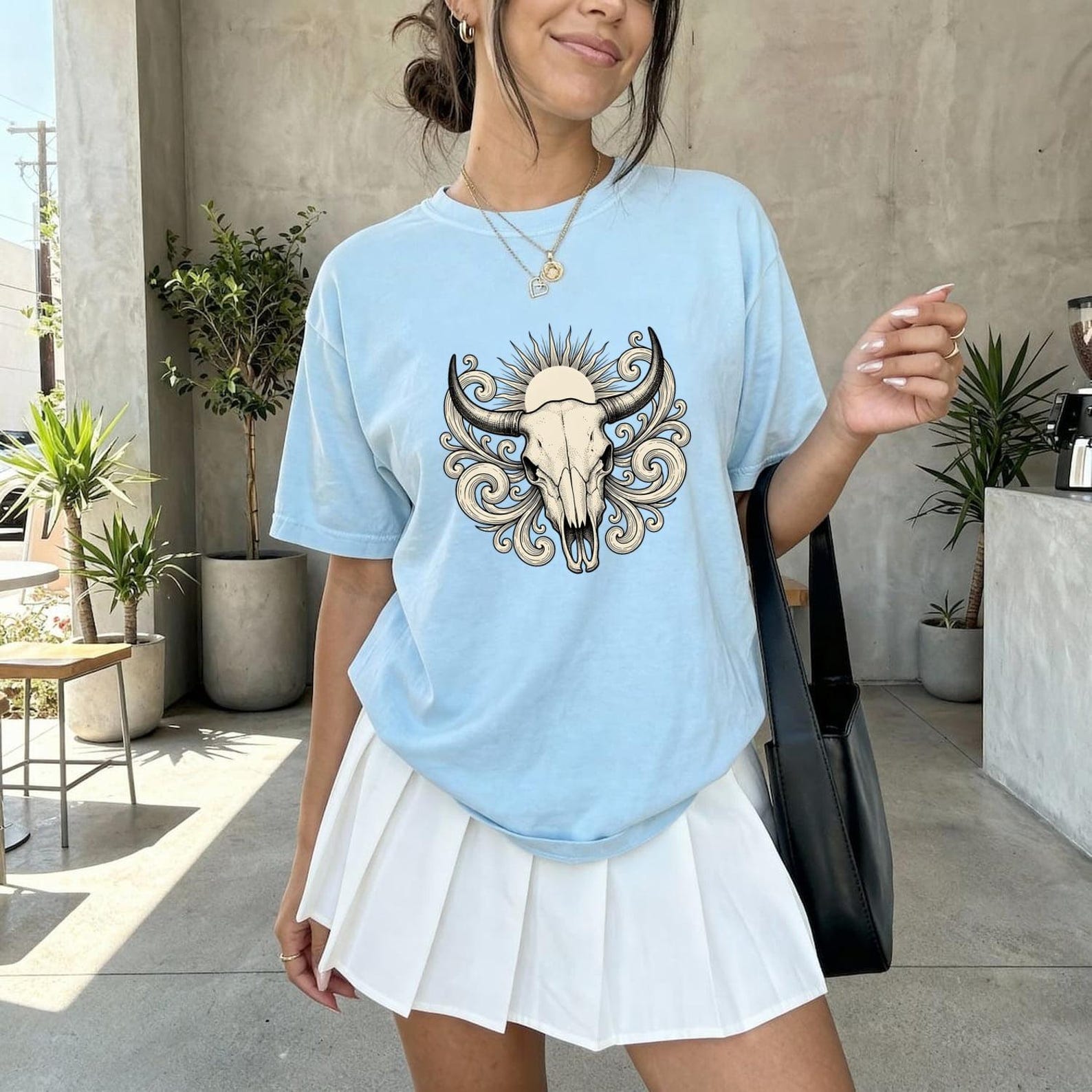 Tribal Steer Skull Comfort Colors 1717 T-Shirt, Retro Southwestern Boho Bull Graphic Tee, Desert Bones Top 4XL