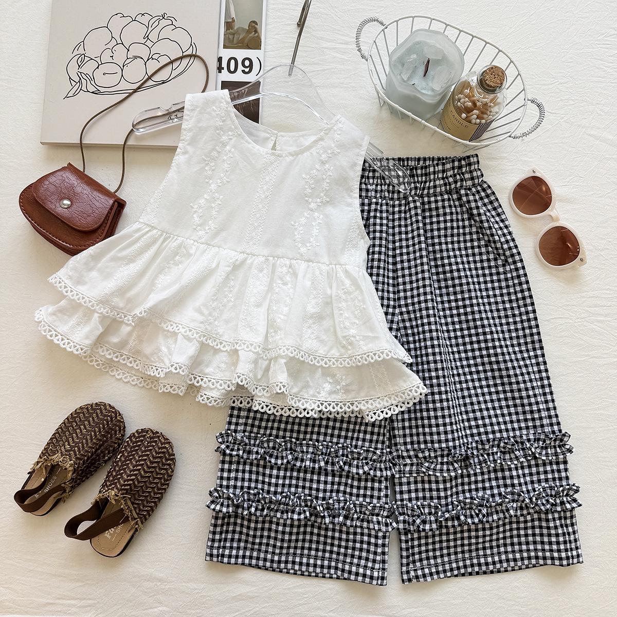 Summer Girls Embroidered Floral Vest And Plaid Ruffle Wide Leg Pants Two Piece Set 90cm