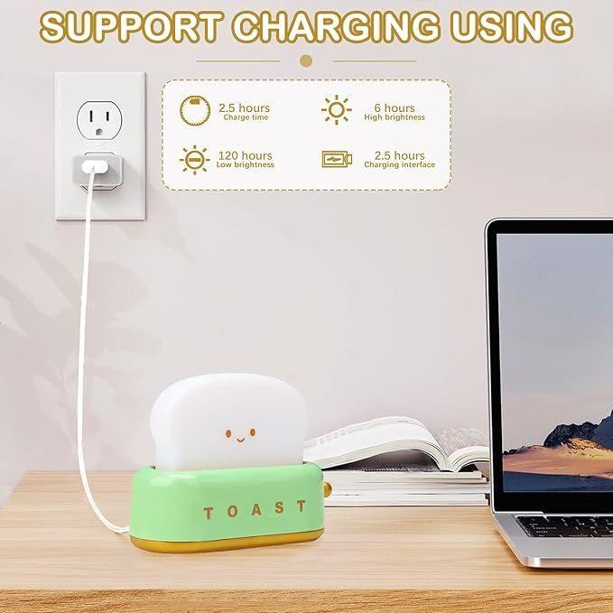 Plastic Adorable Toast Night Lamp for Kids | Rechargeable LED Bedside Light with Smiling Face | Cute Desk Lamp for Bedroom, Nursery, Study