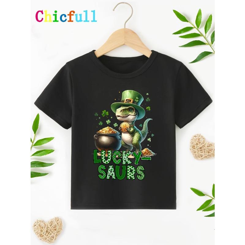 European sizes Children St. Patrick's Day TX60245 Boys' LUCKY SAURS Dinosaur and Coin Print Casual Round Neck T-Shirt