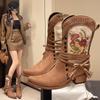 Retro Embroidered V-Neck Fashion Boots Women's Square Toe Large Size Autumn Winter New Style Side Zipper Rough Wood Heel