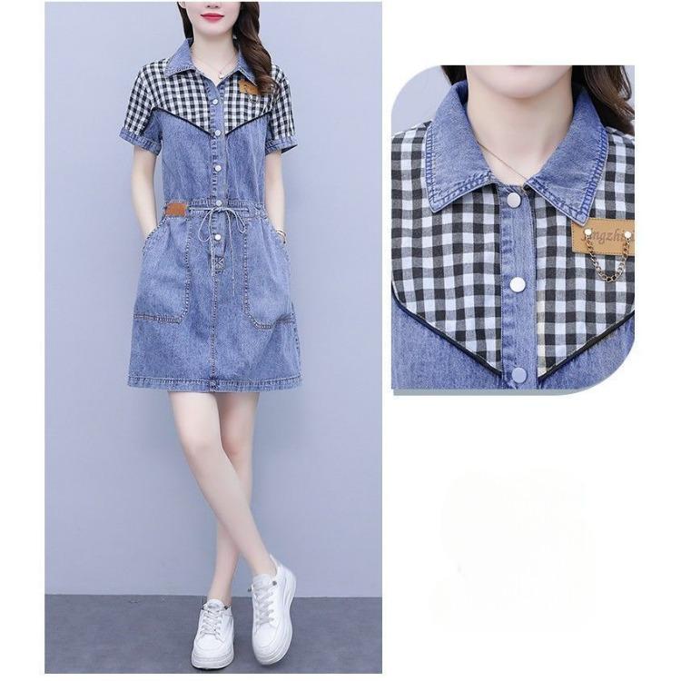 Pluss Størrelse Kvinner Sommer Mote Denim Kjole Casual Vasket Lappedesign Fete Damer Klær