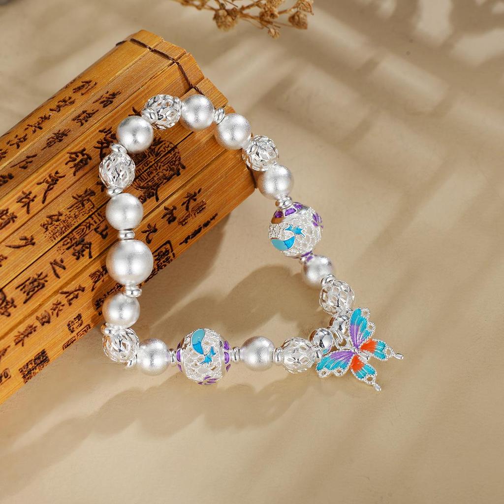 Exquisite Chinese-Style Enamel Butterfly Bracelet In Silver-Plated White Copper