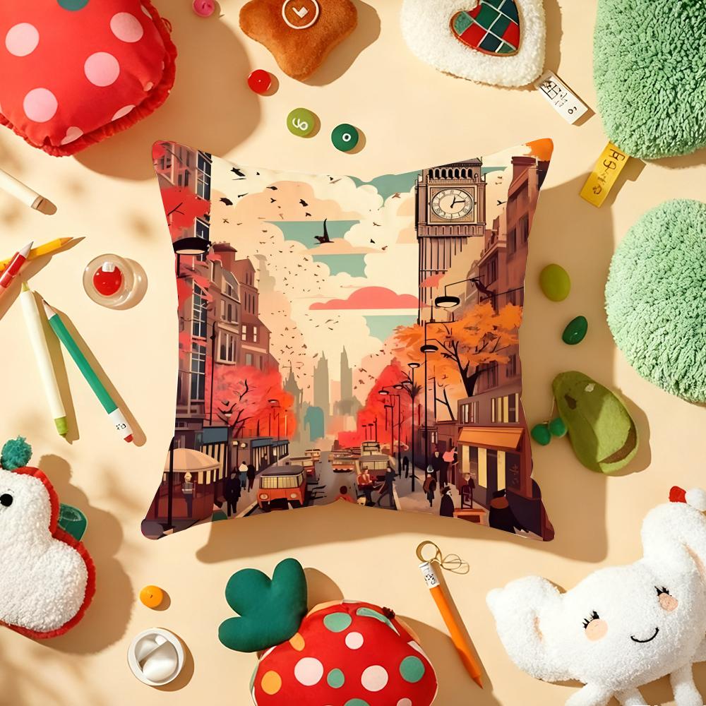 Uk Scenery Retro Cushion Cover Plush Fabric Soft Double-Sided Printed Sofa Warm Winter Home Gift Pillow Cover