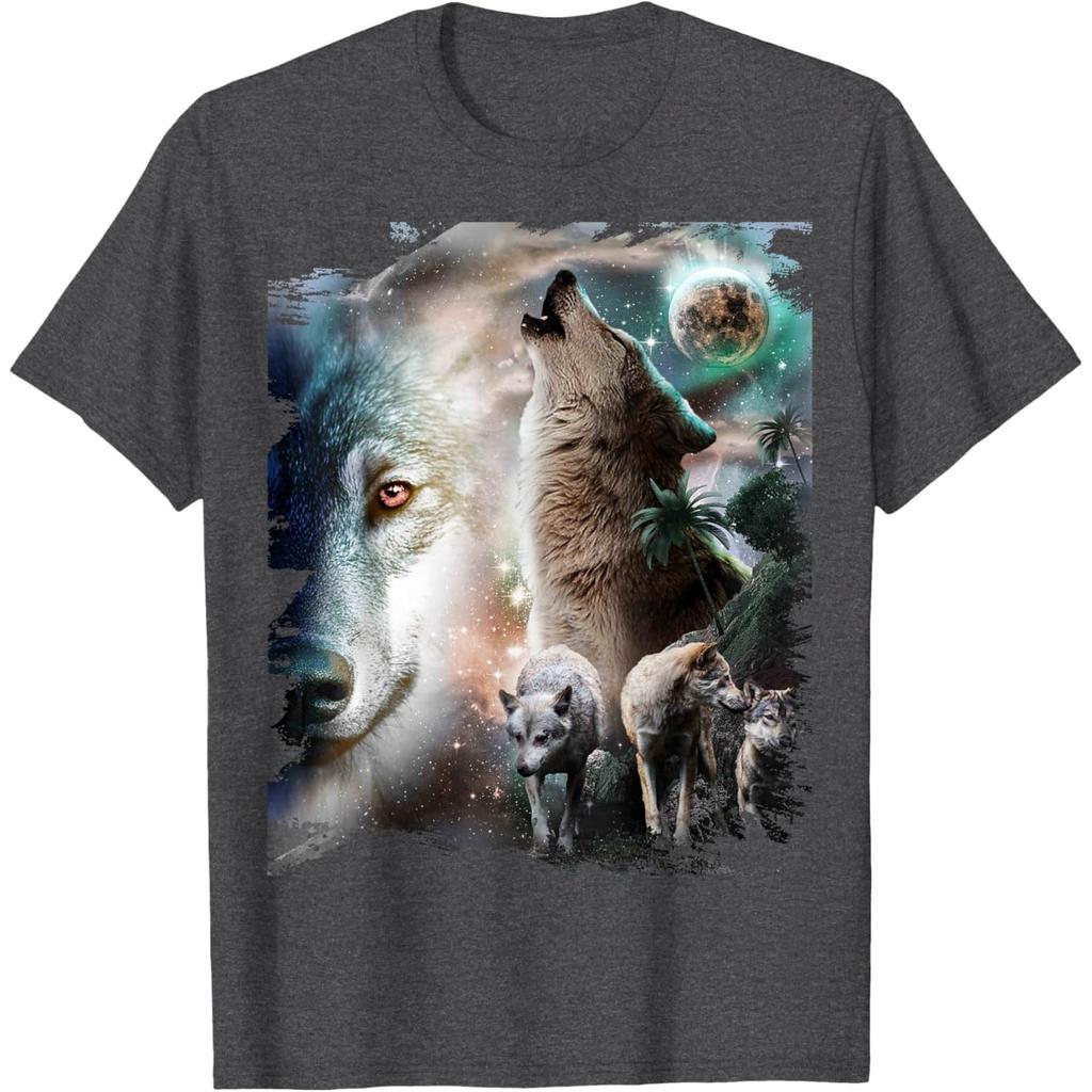 Space Wolves Graphic Tee Howling At Moon Print Cotton Casual Crew Neck T-Shirt for Men