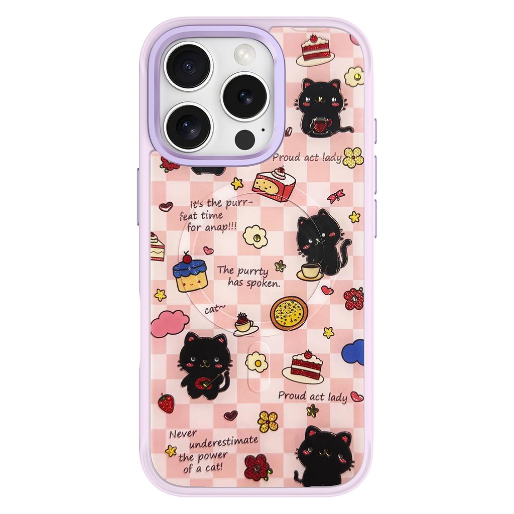 For iPhone 16 Pro Magnetic Case TPU PC Phone Cover with Detachable Happy Black Cat Backplate
