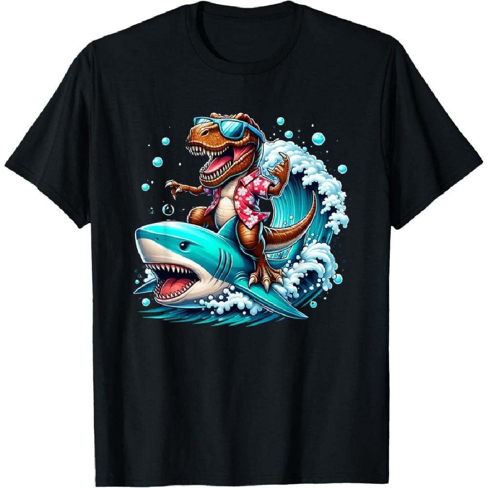 

Beach Lover T-Rex Dinosaur Riding Shark Surfing Ocean Wave T-Shirt S