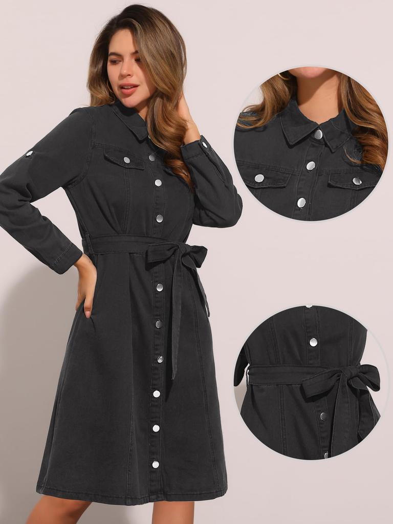 Allegra K Classic Denim Jeans Shirt Long Size XL Women's Dress, Button-Down, Sleeves, Belted, Black,