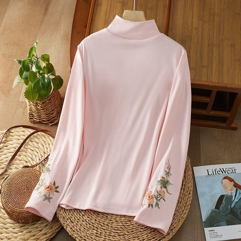 Autumn and Winter New German Velvet Embroidery Base High-necked Inner with Warm Ethnic Long-sleeved T-shirt Top