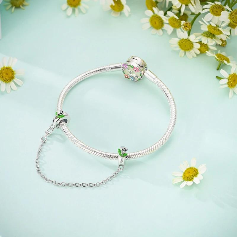 Original Charms Copper Lily Of The Valley Safety Chain Beads Fit Platabracelets For Women Jewelry Making Gifts