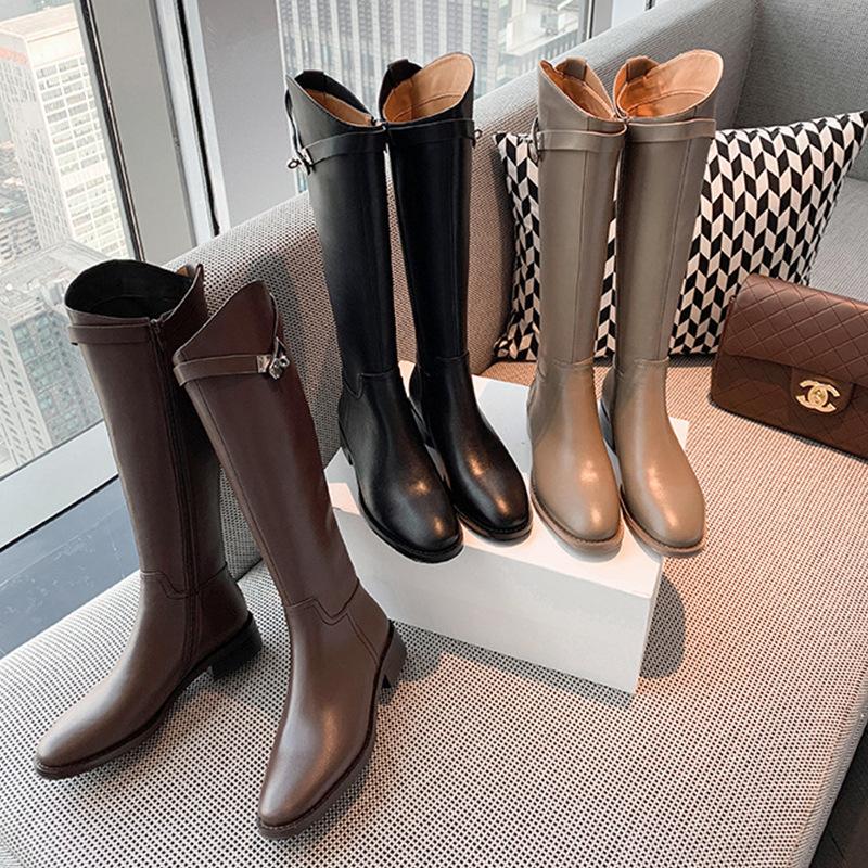 Grape Mom Studiolee Black Boots Female Internet celebrity After Zipper Thick Bottom Tall Skinny Motorcycle Rider Boots