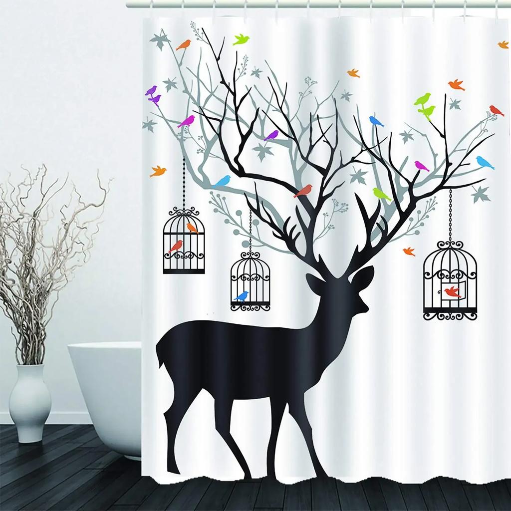 Cortina de ducha de ciervo Silueta de animal colorida Elementos navideños Tablones de madera Tema Tela Tejido Juego de decoración de baño con ganchos