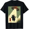 Casual Cotton Shortsleeve Tees Vintage Japanese Cat Alien Cat Dad UFO Abduction Graphic Tee T-Shirt