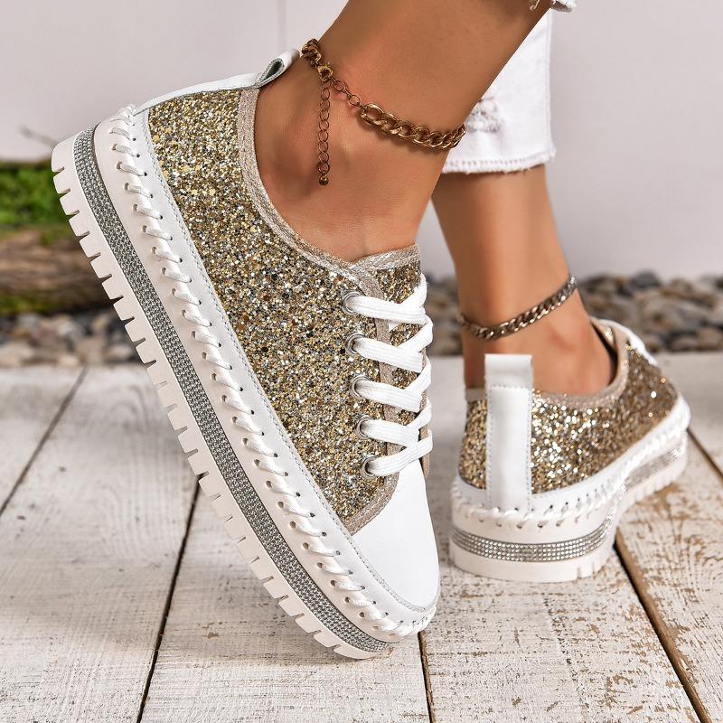 Fashion Women's Sequins Lace Up Casual White Shoes Versatile Thick-soled Non-slip Sneakers Female Fashion Platform Flat Vulcanized Shoes