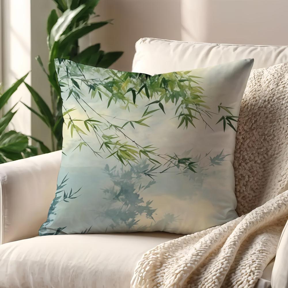 Artistic Bamboo Green Leaves Painted Graffiti cushion cover For Pillow Printing Sofa Decoration Home Car Office NordicSimplicity