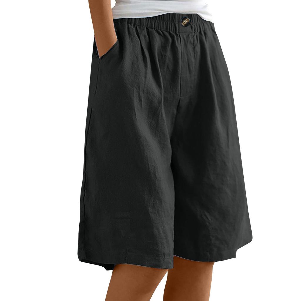 Women's High Waist Elastic Waistband Linen Bermuda Shorts Casual Loose Wide Leg Shorts With Side Pockets For Summer