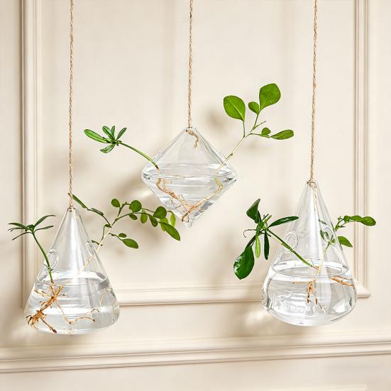3 Pcs Hanging Glass Planter Clear Plant Propagation Stations Hydroponic Flower Vase for Indoor Home Office Living Room Decor