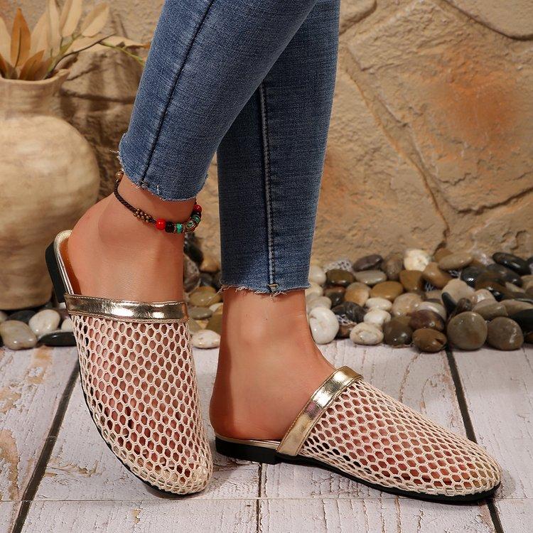 Fashion Summer Mesh Cold Slippers for Women Glitter Crystal Studs Flat Muller Shoes Fish Mesh Hollow Ballet Shoes Mesh Half Slippers