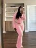 HR24058 Women's Hooded Waffle Texture Raglan Sleeve Flared Casual Set