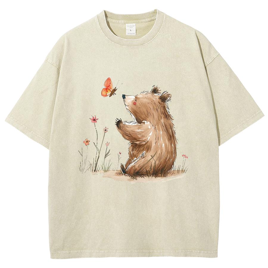 Cartoon Hand Painted Brown Bear Print Women's T-Shirt Washed Oversized Loose Short Sleeve Unisex Retro Faux Denim Top
