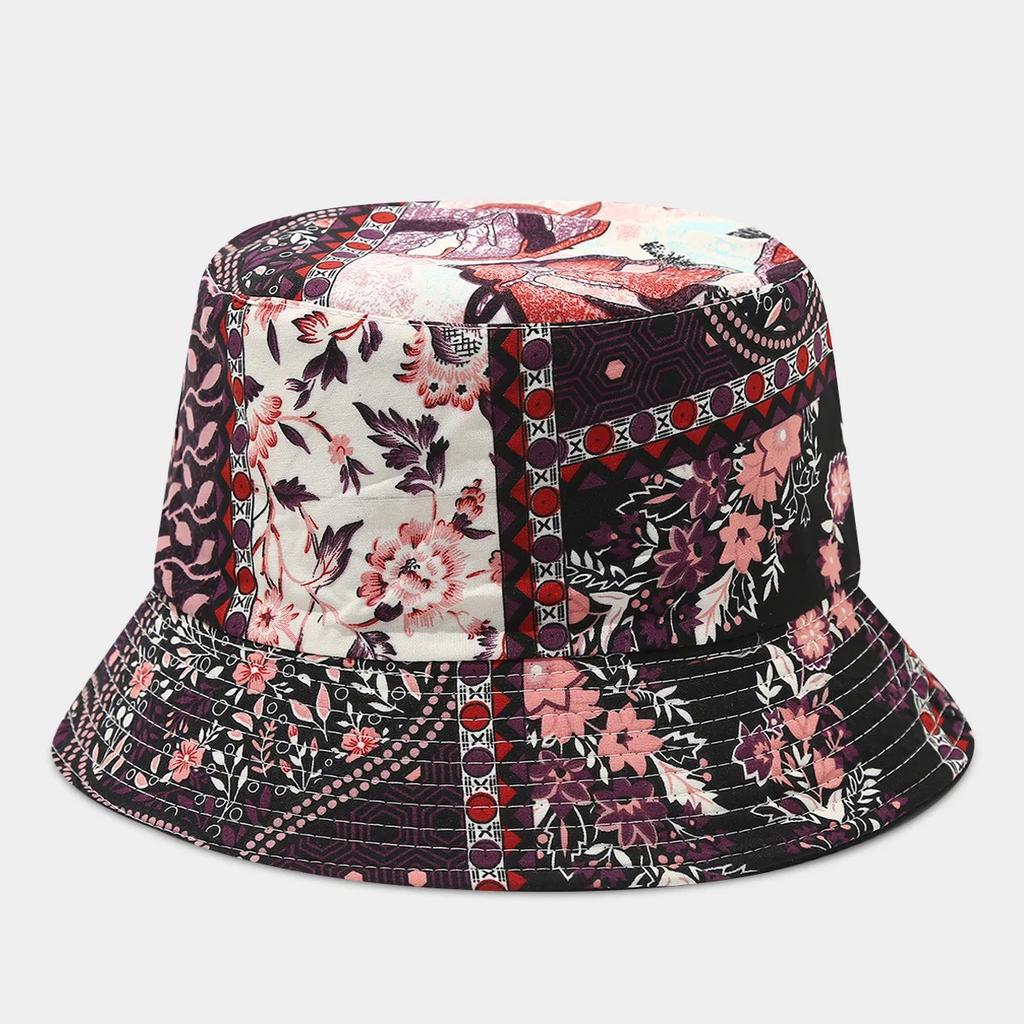 Boho style flower print double side sunscreen fisherman hat women fashionable outdoor sunshade retro sun beach bucket hat