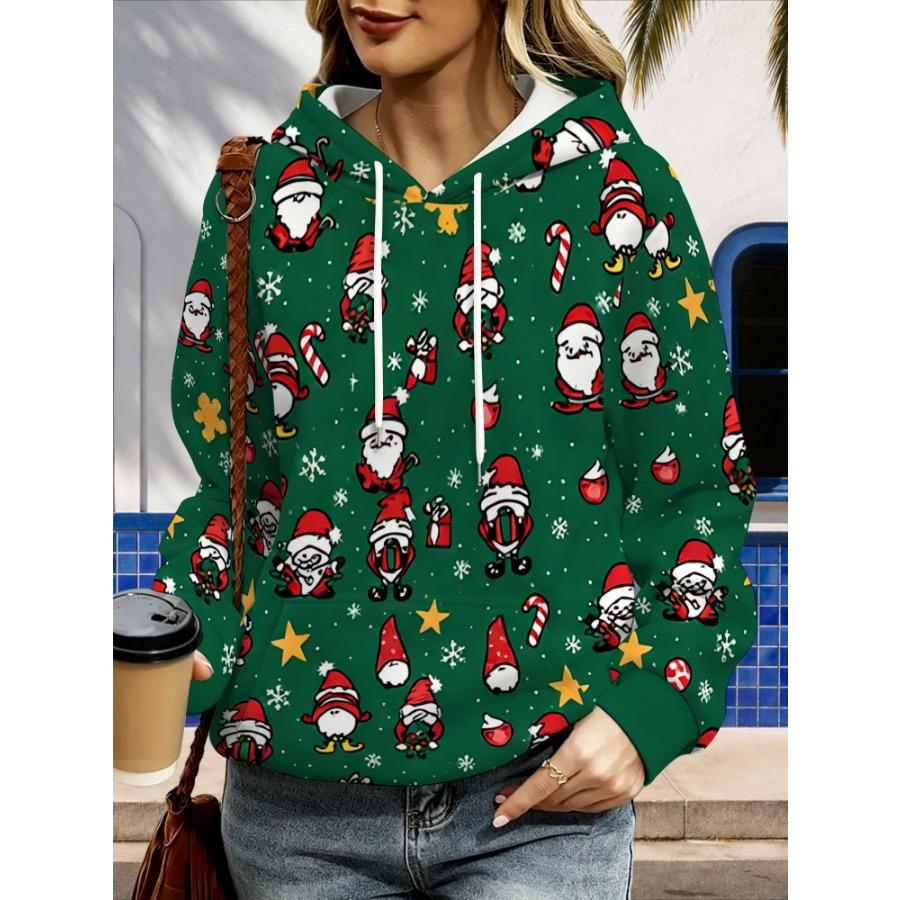 Plus Size, Women's Cute Snowman Pattern Hoodie, Long Sleeve with Pocket Plus Size Sweatshirt - Machine Washable Winter Pullover