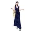 Summer new pure desire style temperament floral neck dress long dress lace lace splicing waist A-shaped skirt