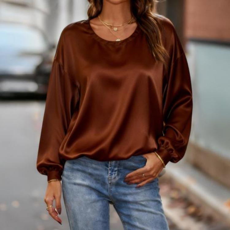 Women Long Sleeve Blouse Solid Color Round Neck Loose Fit Tops Casual Wear for Work Party Date