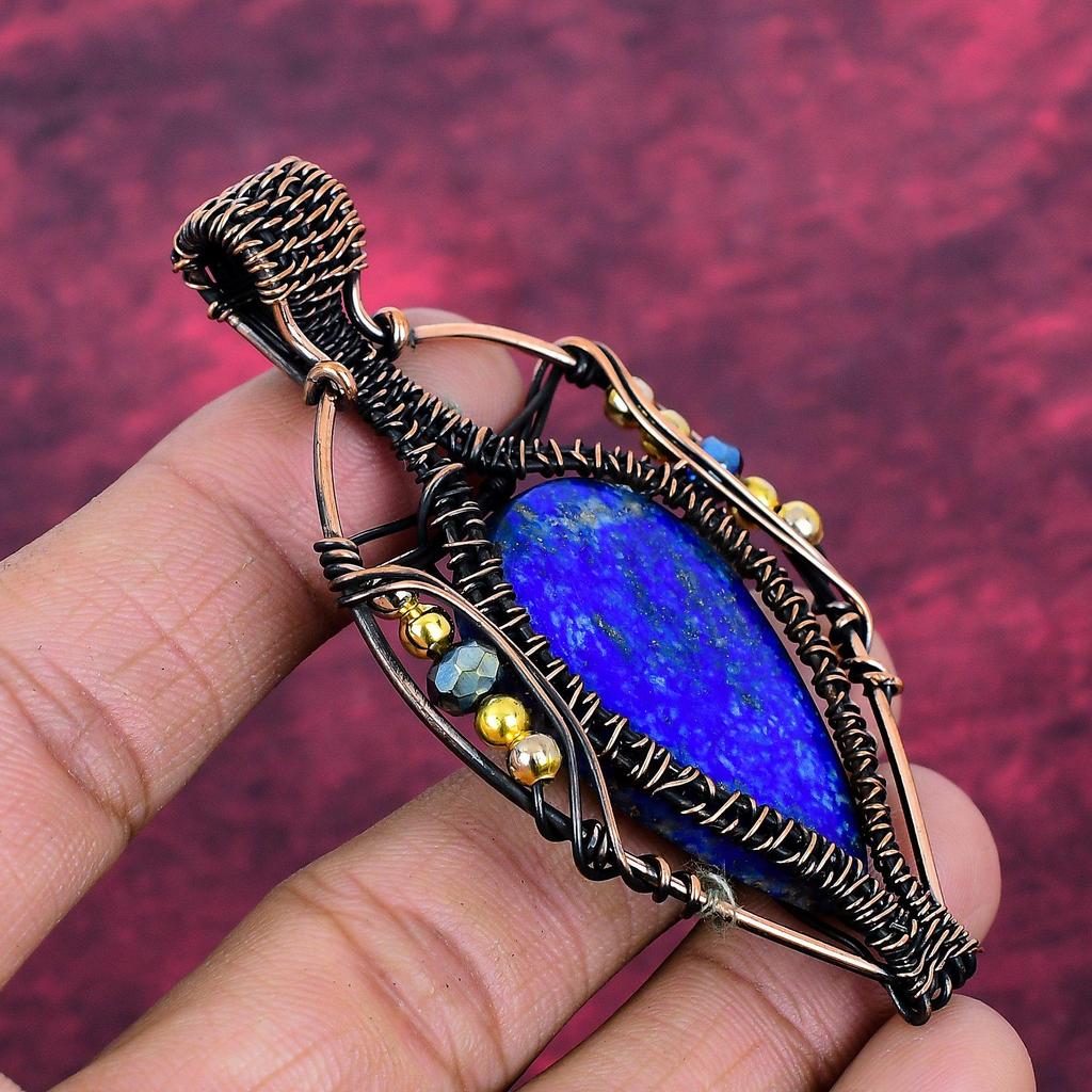 Lapis Lazuli Pendant Handmade Real Gemstone Jewelry Copper Wire Wrapped Pendant